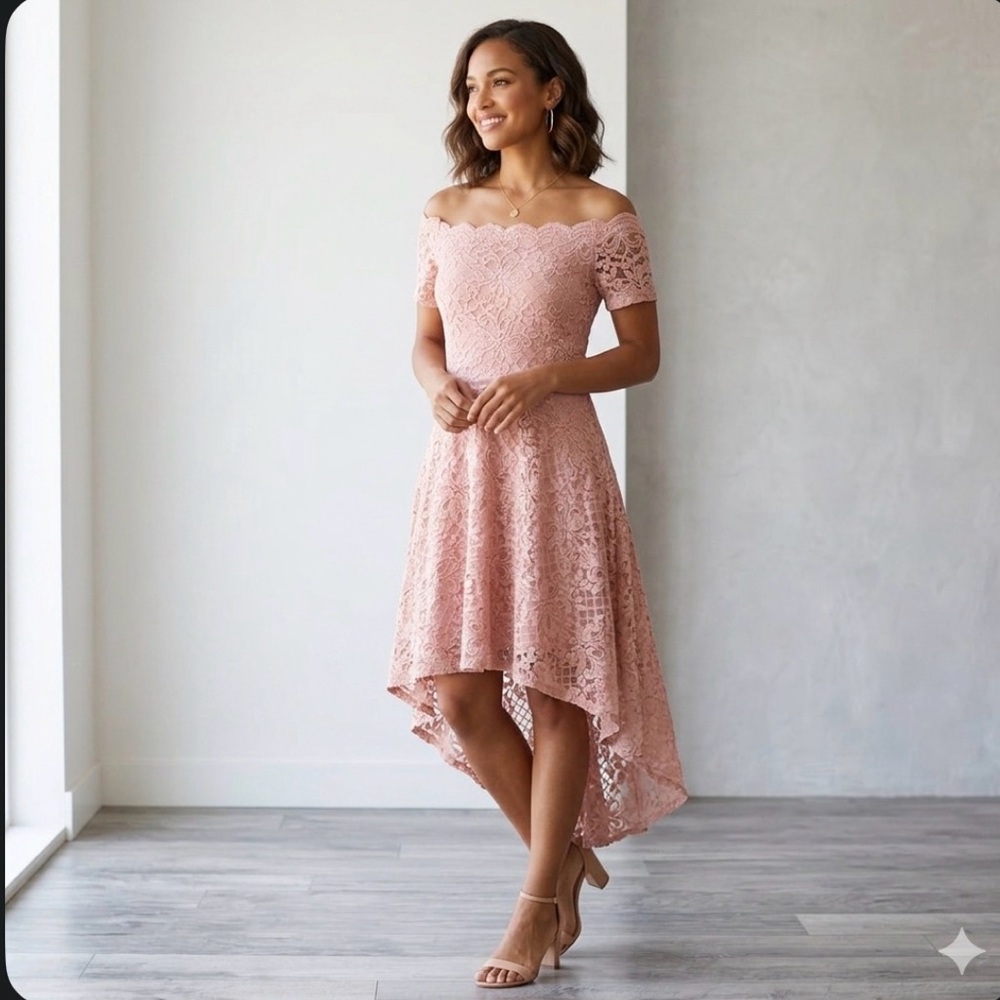 City Studio Dusty Rose Lace High-Low Dress Size 11 Off-Shoulder Wedding Guest